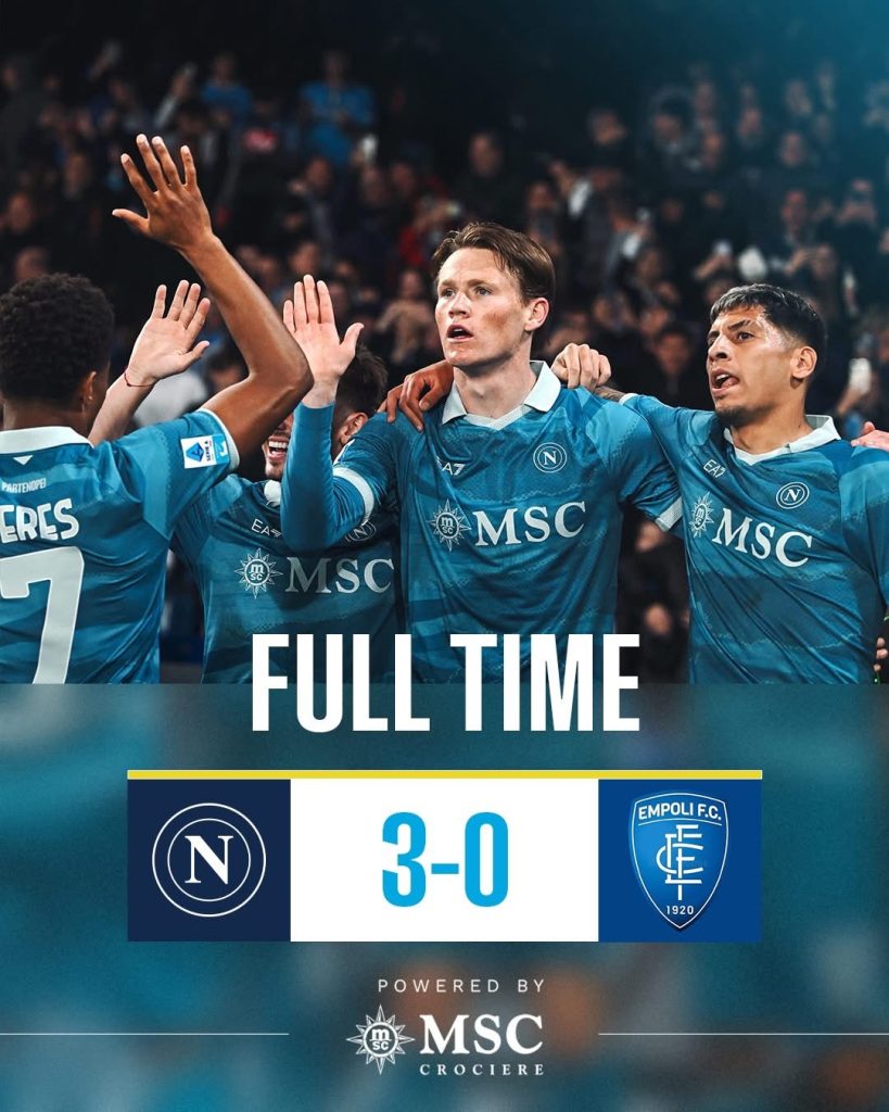 Napoli 3-0 Empoli: decisiva la doppietta di McTominay e la rete di Lukaku per la corsa scudetto